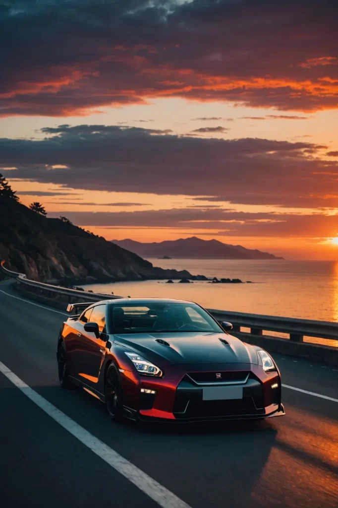 Silhouette of a Nissan GTR 35 against a fiery sunset on a coastal highway, the ocean reflecting the vibrant colors, panoramic, beautiful post-processing.