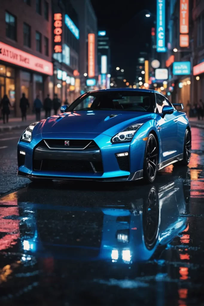 A metallic blue Nissan GTR 35 gleaming beneath the neon lights of a downtown cityscape at night, bokeh lights, octane render, 4k resolution.