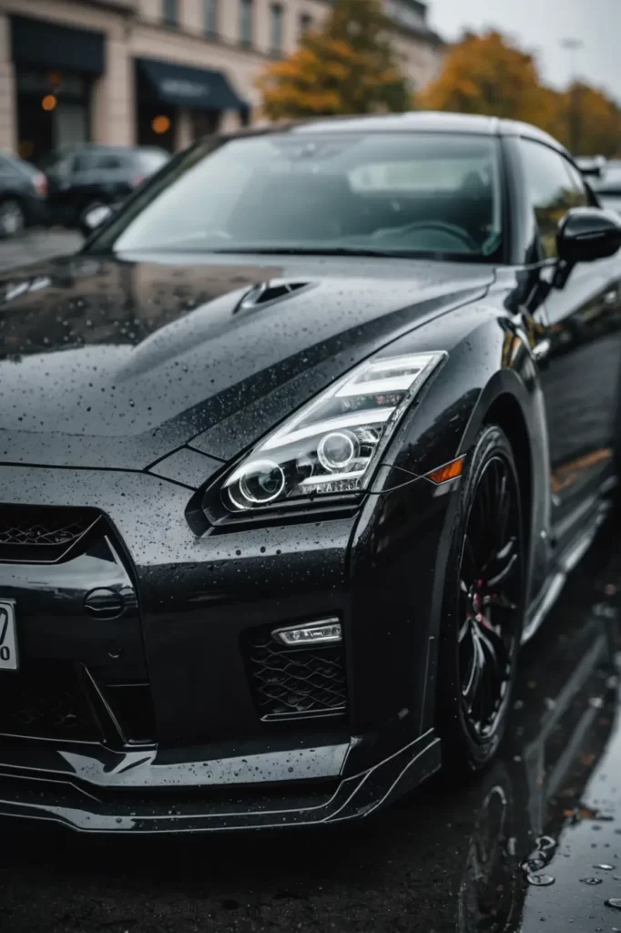Raindrops bead on the polished surface of a black Nissan GTR 35, the city's gloomy, overcast sky mirrored in its curves, matte finish, high-detailed.