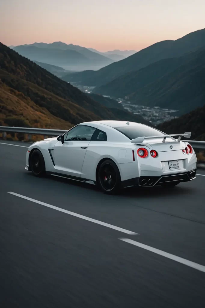 The sleek lines of a white Nissan GTR 35 highlighted by the soft dawn light on an open mountain pass, serene, smooth, ambient lighting.