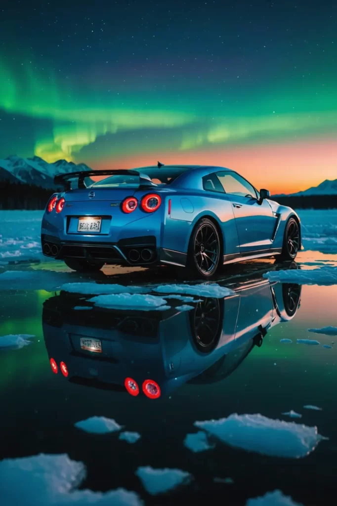 A Nissan GTR 35 parked on a glass-like frozen lake, the aurora borealis dancing in the night sky above, surrealism, brilliant colors, crystal-clear reflection.