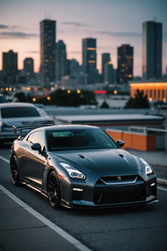The aggressive stance of a gunmetal grey Nissan GTR 35 on a rooftop parking, city skyline in the background during twilight, elegant, washed-out colors, sharp focus.