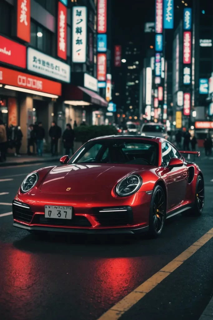 A Porsche 911 turbo gleaming under the neon lights of a Tokyo cityscape at night, sharp focus, ambient lighting.