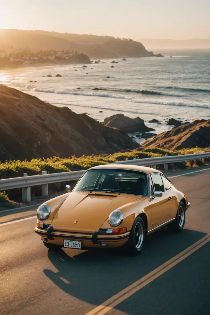 A vintage Porsche 911 Carrera cruising on the Pacific Coast Highway at golden hour, sun flare, washed-out colors.