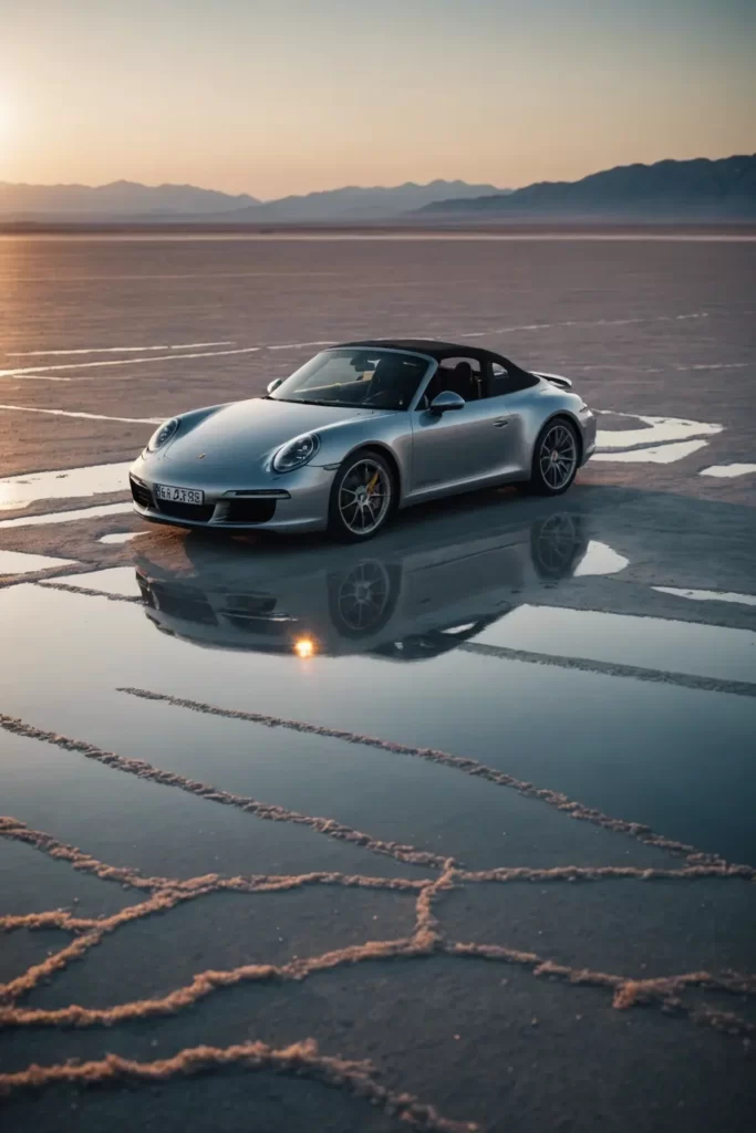 A Porsche 911 Targa with its roof down, speeding across an empty salt flat, dramatic lighting, high-speed capture.