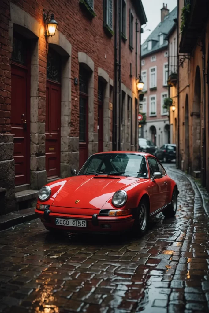 A red Porsche 911 parked in an old European alley, cobblestones wet from rain, soft ambient lighting.