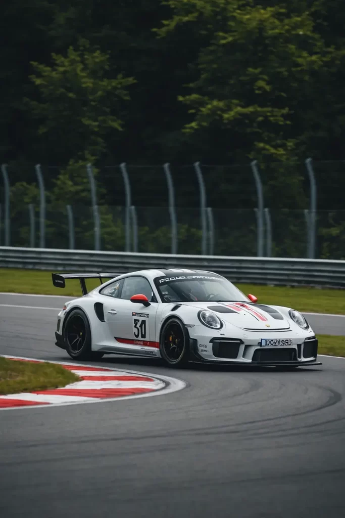A Porsche 911 RSR racing down the Nürburgring track, dynamic angle, motion blur, intense focus.