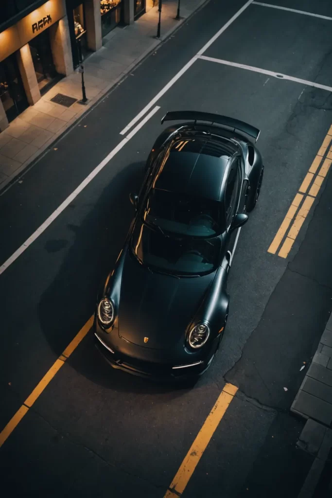 A stealthy matte black Porsche 911 Turbo S seen from above, cruising the light-streaked streets of a modern metropolis, bird's eye view, night photography.