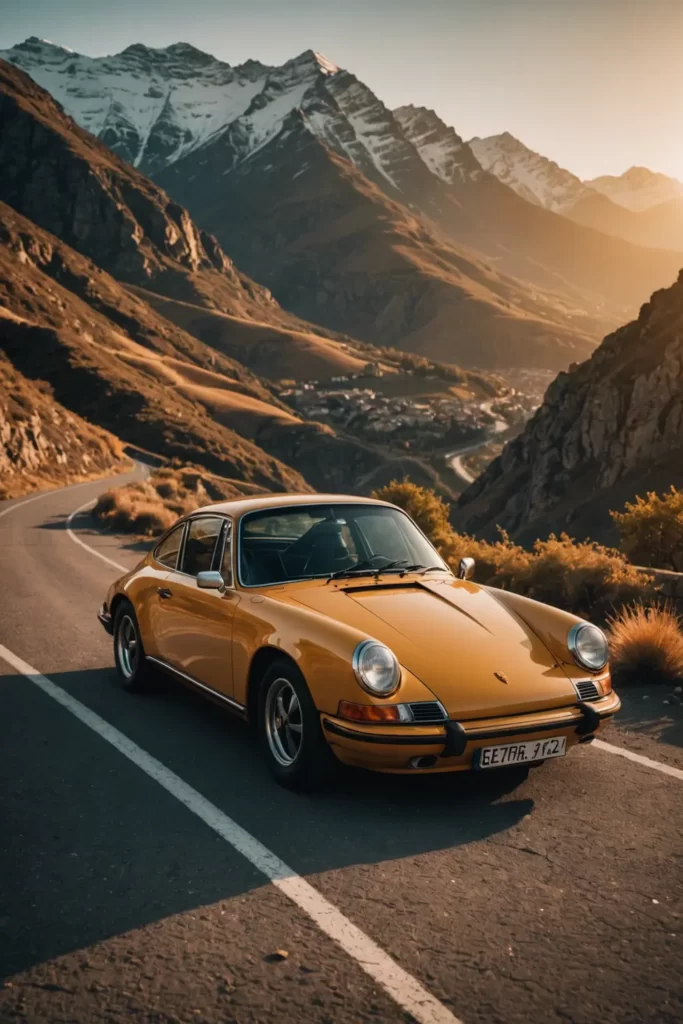 A classic Porsche 911 bathed in the glow of a setting sun against a rugged mountain backdrop, warm tones, peaceful.