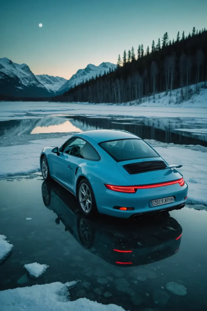 An arctic blue Porsche 911 4S parked on a frozen lake, northern lights dancing overhead, ethereal atmosphere, long exposure.