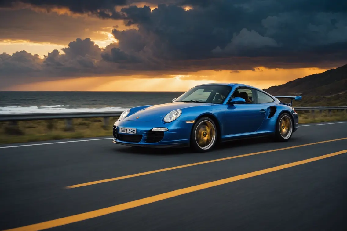 Une Porsche 911 Turbo bleue saphir étincelante, capturée avec une netteté parfaite sur une route côtière ouverte, sur fond d'un ciel orageux, l'horizon effleuré par le baiser doré éphémère du soleil couchant.