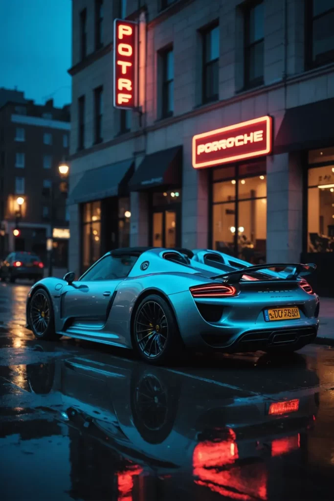 A sleek Porsche 918 Spyder parked in a deserted urban landscape at twilight, the city's neon lights reflecting off its polished surface, neon ambiance, high-detail, night scene.