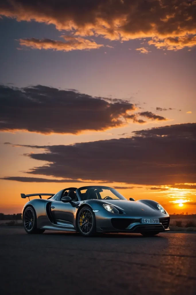 The silhouette of the Porsche 918 Spyder captured in a low angle against a fiery sunset sky, conveying speed even in stillness, silhouette, vibrant colors, dynamic sky.