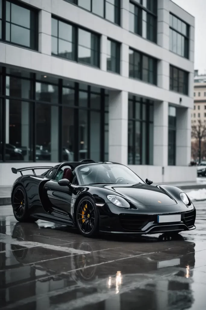 A glossy black Porsche 918 Spyder stands out against the stark whiteness of a modern architectural background, minimalist style, high-contrast, clean lines.