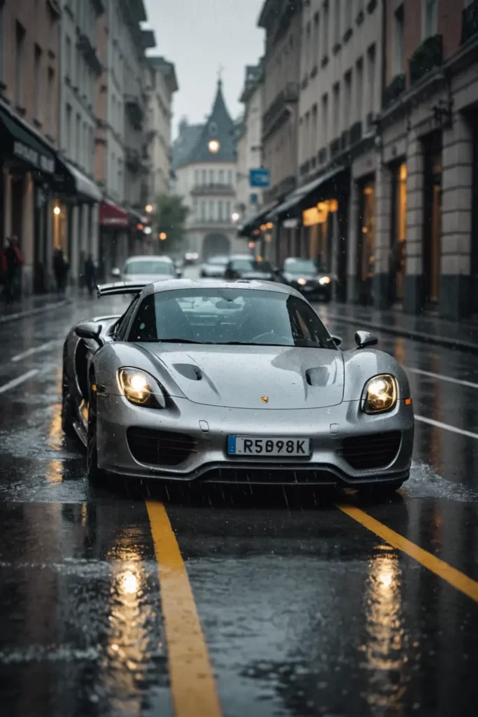 The Porsche 918 Spyder races through a rain-soaked street, water droplets caught in the air around it, realistic wet effect, action shot, high-speed photography, rain effect.