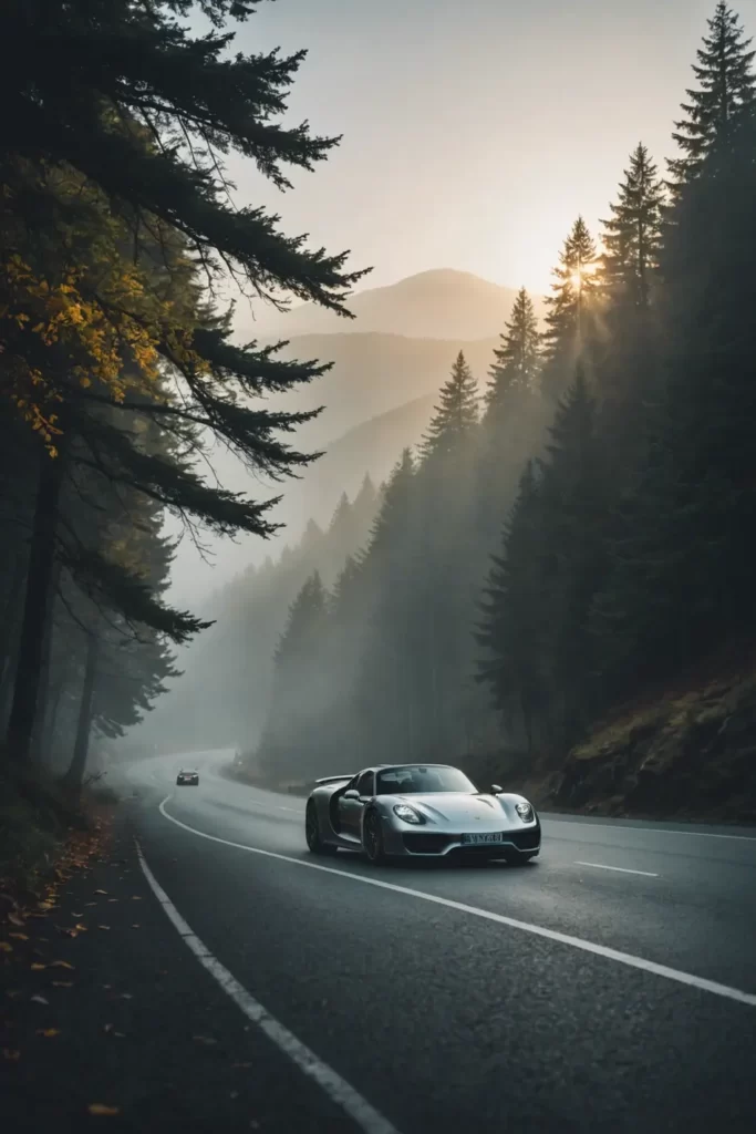 Morning mist wraps around the curves of a Porsche 918 Spyder on a serpentine mountain road, the sunrise peeking through the trees, misty atmosphere, soft lighting, tranquil.