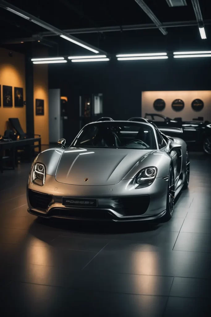 The muscular lines of the Porsche 918 Spyder are enhanced by the dramatic overhead spotlight in a dimly lit showroom, spot-lit, moody, luxury presentation.