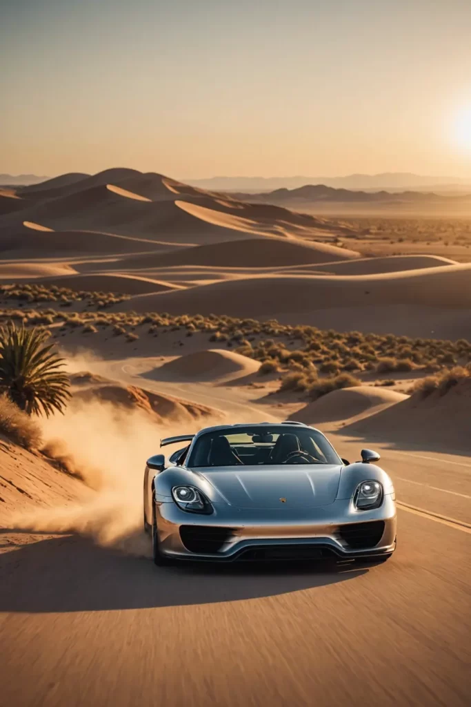 A Porsche 918 Spyder cruises along a desert road, kicking up a trail of dust at golden hour, the vast dunes in the backdrop, warm tones, dynamic movement, cinematic.