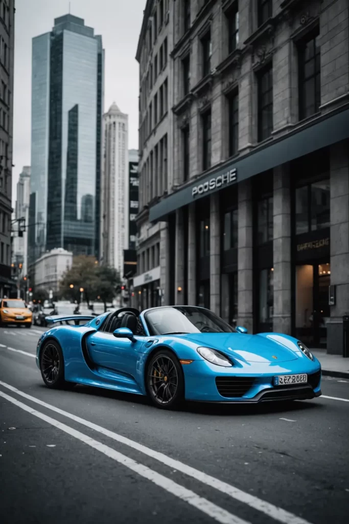 The vibrant blue of a Porsche 918 Spyder stands stark against a monochromatic cityscape, selective color technique, urban chic, sharp detail, high-contrast.