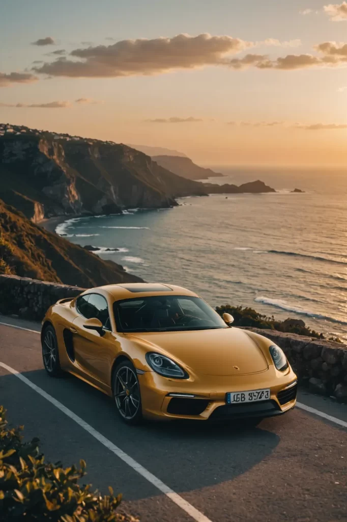 A sleek Porsche Cayman parked at the edge of a cliff, overlooking a panoramic ocean sunset, sharp focus, golden hour lighting.