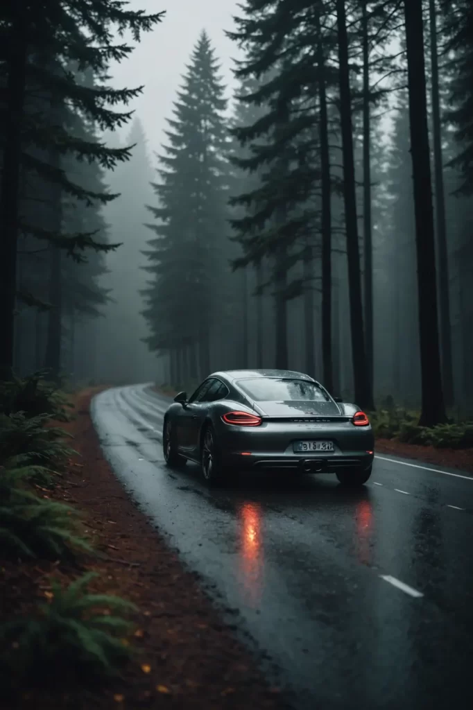 The gleaming silhouette of a Porsche Cayman on a misty mountain road, surrounded by towering pines, with droplets on its polished surface, moody, ambient lighting.
