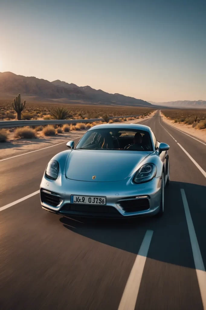 A Porsche Cayman cruising on a serene desert highway, the gradient of dusk colors reflecting off its sharp contours, clear sky, HDR.