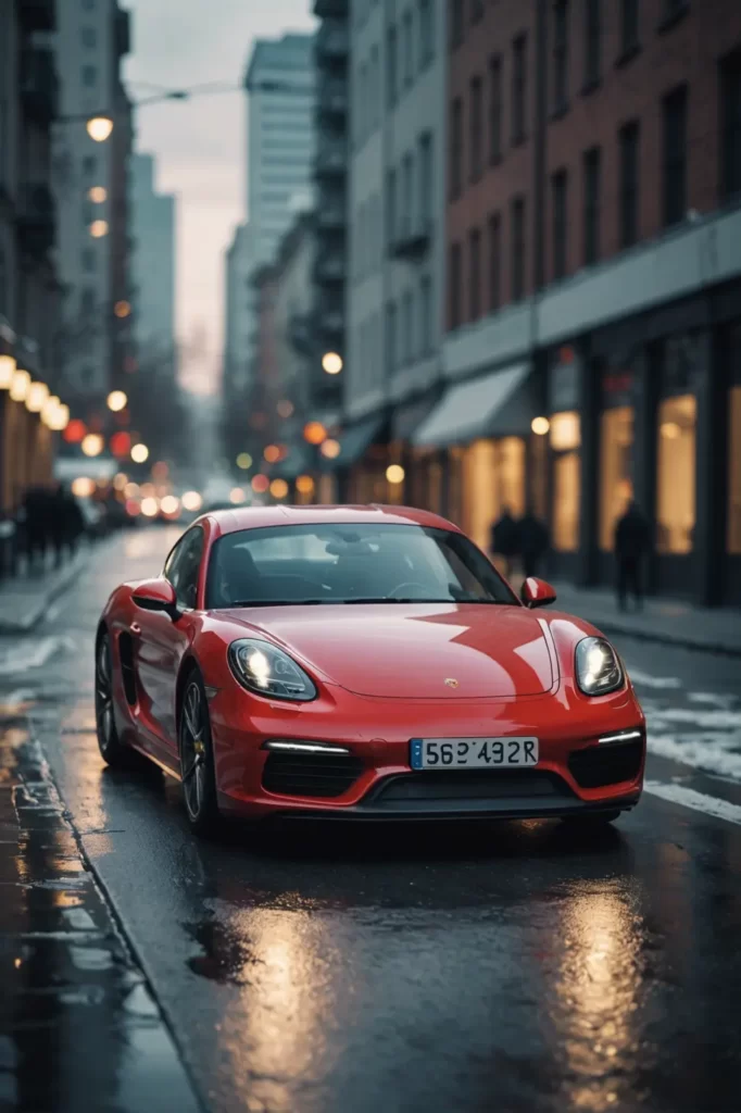 The dynamic Porsche Cayman caught in a frozen moment as it races down an urban street, blurred background encapsulating speed, bokeh lights, high octane render.