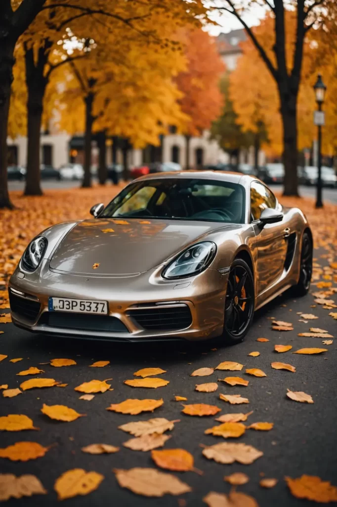 A Porsche Cayman nestled amidst autumn leaves, the warm hues contrasting its cool metallic paint, shallow depth of field, soft lighting.