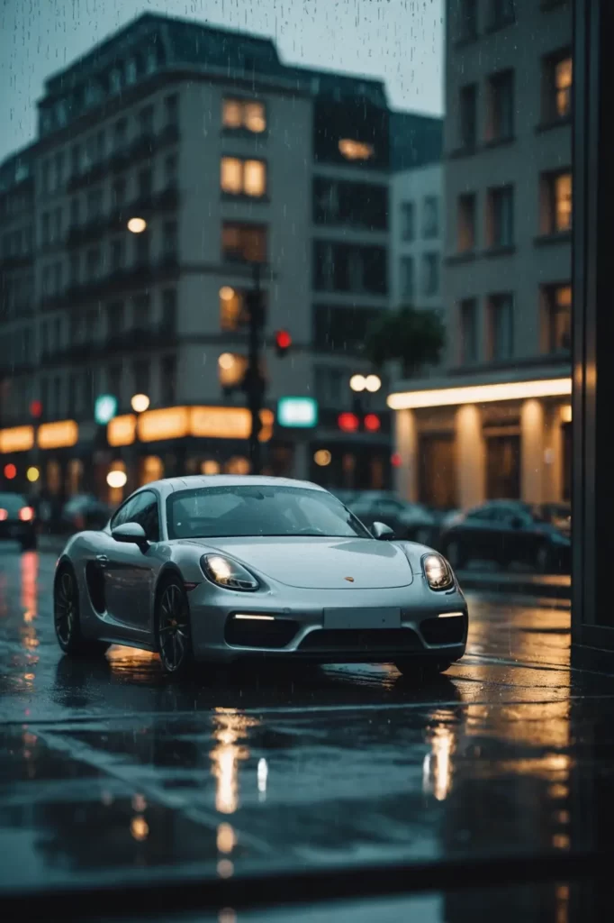 A Porsche Cayman seen through a rain-soaked window, city lights creating a bokeh effect that dances on its sleek surface, dramatic lighting, 4k.