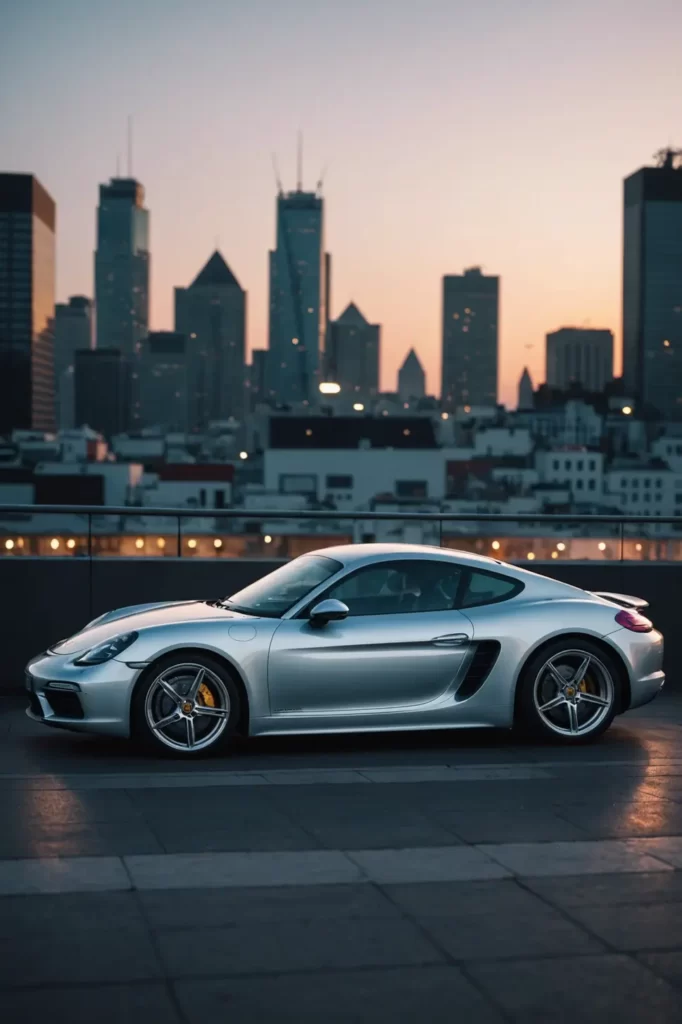 The striking profile of a Porsche Cayman parked on an empty rooftop at twilight, city skyline in the backdrop, elegant, ambient occlusion.