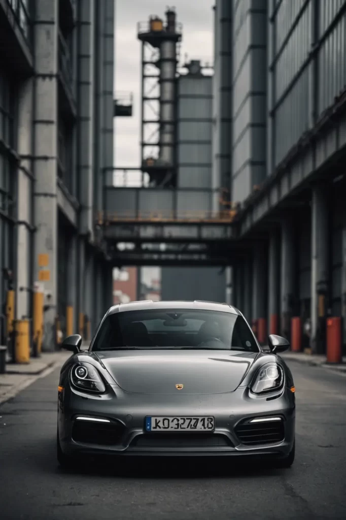 A monochrome Porsche Cayman portrait, its curves accentuated by a stark contrast against an industrial backdrop, high-detail, gritty texture.