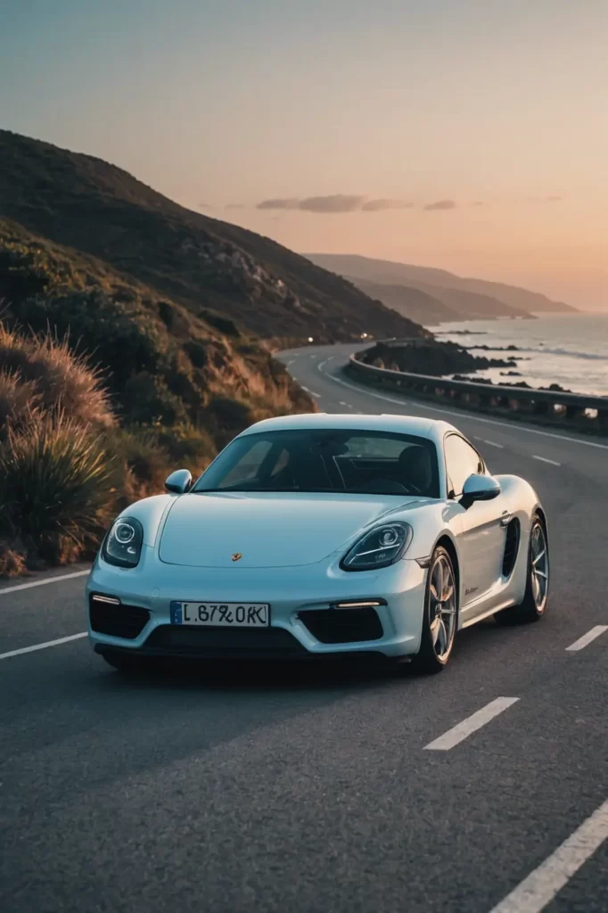 A Porsche Cayman making a statement at the break of dawn on a coastal road, the sky awash with pastel hues, serene, crystal clear quality.