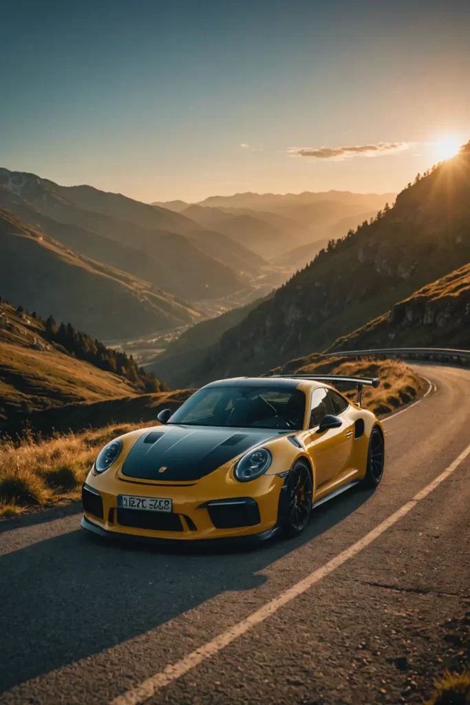 The Porsche GT3 RS parked on a deserted mountain pass at dawn, bathed in the golden light of the rising sun, sharp focus, ambient lighting.