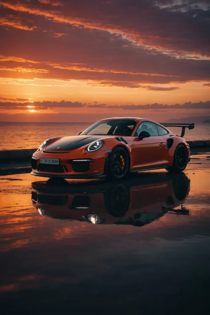 A silhouette of the Porsche GT3 RS against a fiery sunset sky, overlooking a serene coastline, vibrant colors, high resolution.