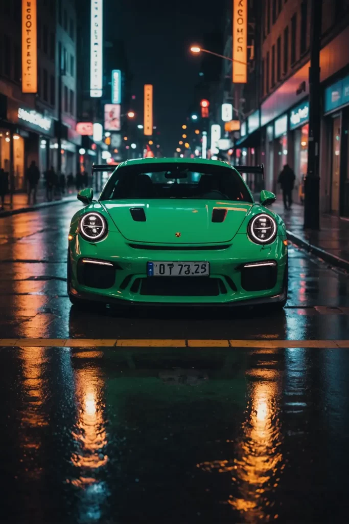 A sleek Porsche GT3 RS reflecting the neon lights of a city's nightlife, parked on a wet urban street, dramatic lighting, sharp reflections.