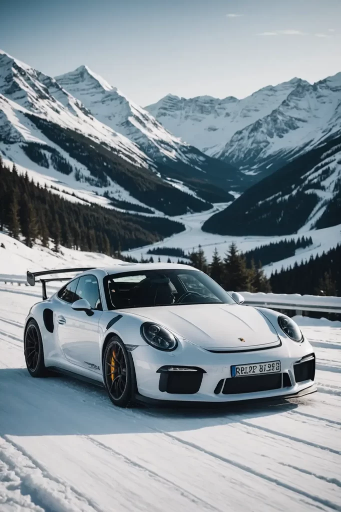 An arctic white Porsche GT3 RS on a snowy mountain road, contrasting the pure white landscape, cold atmosphere, high contrast.