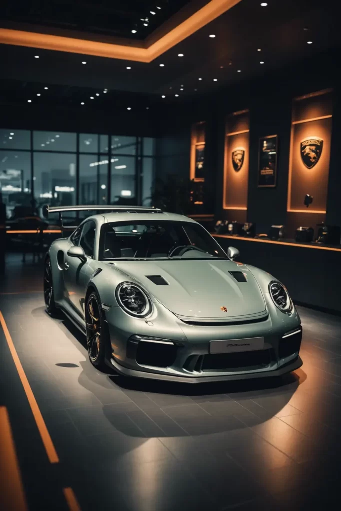 The Porsche GT3 RS under the spotlight at a private showroom, sleek design highlighted by soft ambient lighting, elegant presentation, 4k quality.
