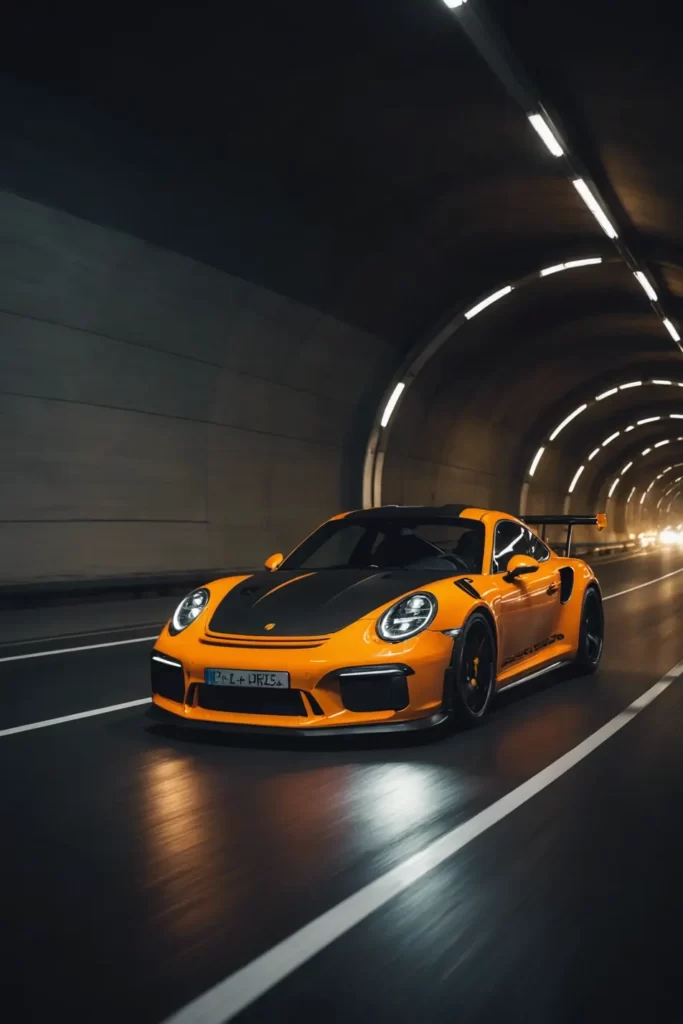 A motion-blurred shot of the Porsche GT3 RS racing through a tunnel, the illumination of the tunnel lights streaking past, fast shutter, octane render.
