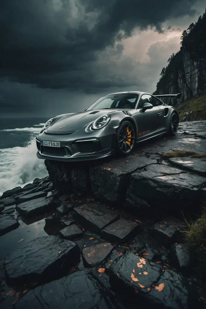 The Porsche GT3 RS on a cliff’s edge during a storm, lightning fracturing the sky above, moody atmosphere, surrealism, post-processing.