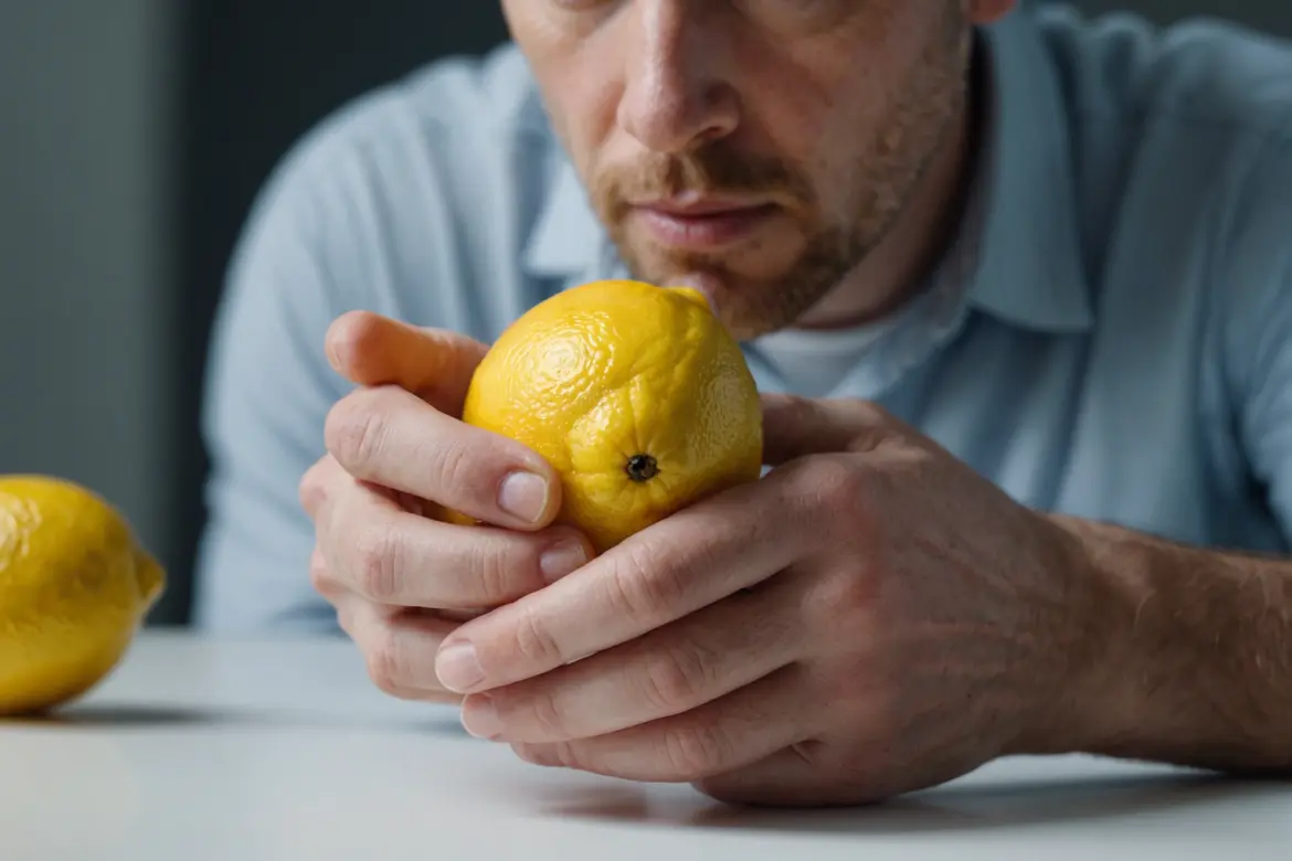 Main d'une personne, regard sceptique, pressant tentativement un citron au-dessus d'une petite coupe contenant de la salive, sous un éclairage clinique vif sur un arrière-plan blanc pur.