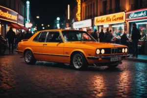 Une photo dynamique capturant l'essence du 'Merguez Tuning Show', avec des voitures sur mesure brillant sous les néons, et un grill de saucisses épicées en fond.