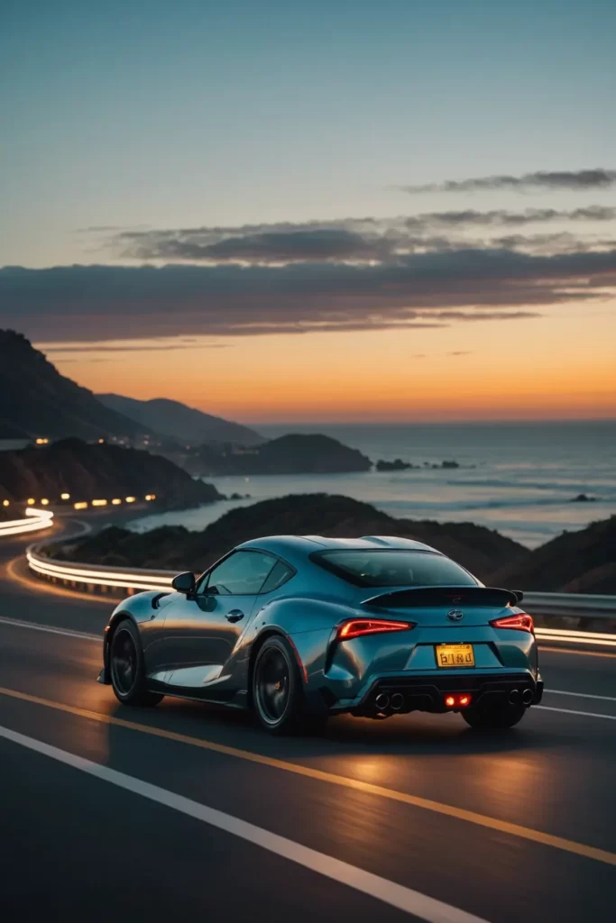 A Toyota Supra MK4 speeding down the Pacific Coast Highway at dusk, the oceanic horizon blurring in the background, sharp focus, golden hour lighting