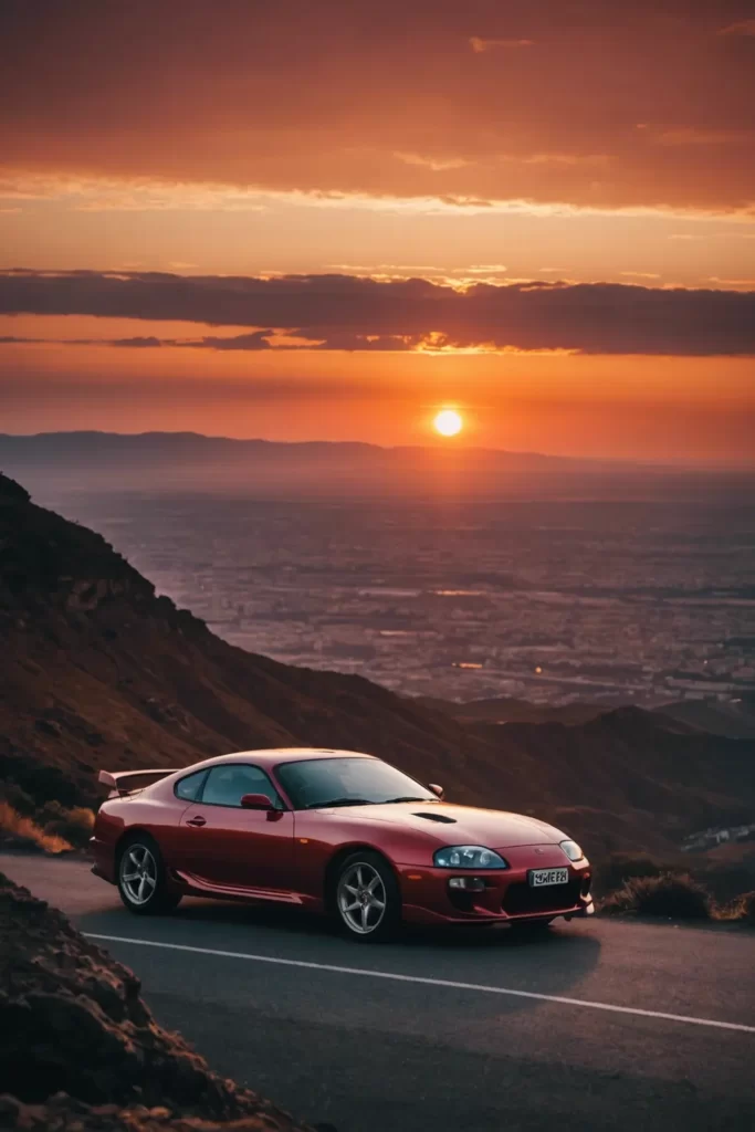 Toyota Supra MK4 overlooking a cliff against the fiery backdrop of a setting sun, the car silhouetted against the reddish sky, serene, panoramic shot