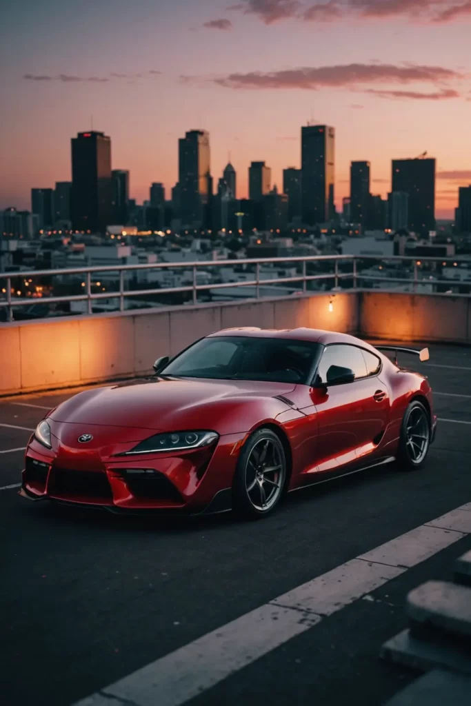 The vibrant red Toyota Supra MK4 parked on a rooftop parking, with the city skyline glowing under a twilight sky, ambient lighting, wide angle shot