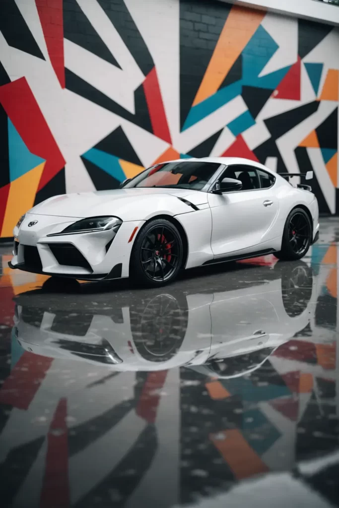 A pristine white Toyota Supra MK4 showcased in front of an abstract geometric mural, soft shadows, high contrast, matte finish