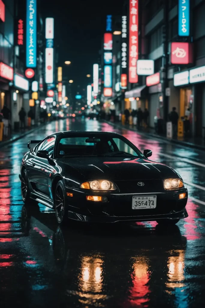 A sleek black Toyota Supra MK4 reflected on the wet streets of Tokyo at night, neon lights casting vibrant glows, bokeh effect, raindrops on the car