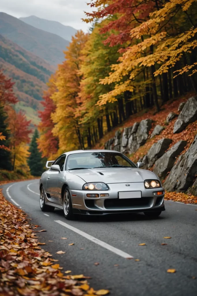 A silver Toyota Supra MK4 on a mountain road surrounded by autumn foliage, the leaves creating a colorful mosaic, sharp image, natural light