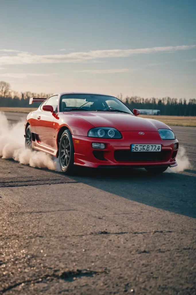 Toyota Supra MK4 frozen mid-drift on an abandoned airfield, dynamic motion blur against a static background, high-speed photography, post-processing