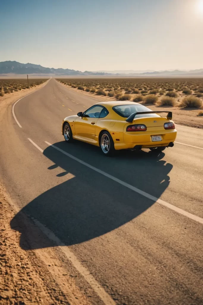 A sunlight-kissed, yellow Toyota Supra MK4 on a desert highway, the endless road and heat mirage in the distance, clear skies, high-resolution
