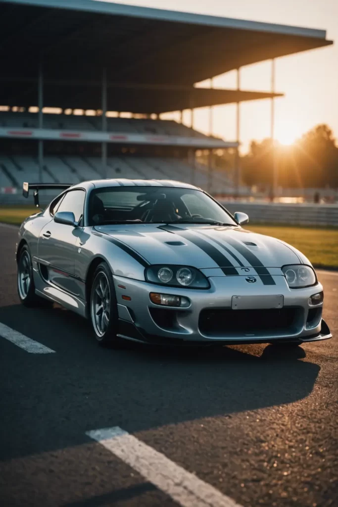 A racing-striped Toyota Supra MK4 on a starting grid at dawn, soft early morning light casting long shadows, anticipation in the air, shallow depth of field